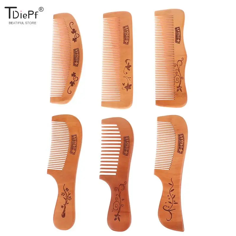 "Natural Handmade Peach Wood Comb: Engraved, Anti-Static, with Bag"